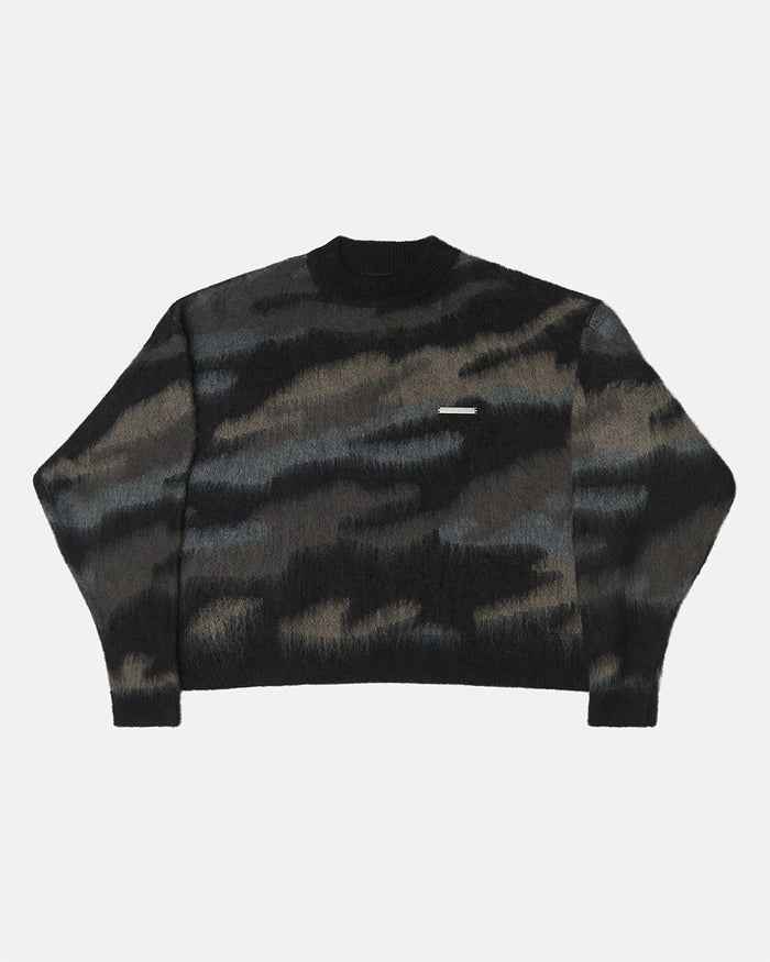 CAMO KNITWEAR DARK BROWN - dark brown camo knit sweater, front view - Cold Culture