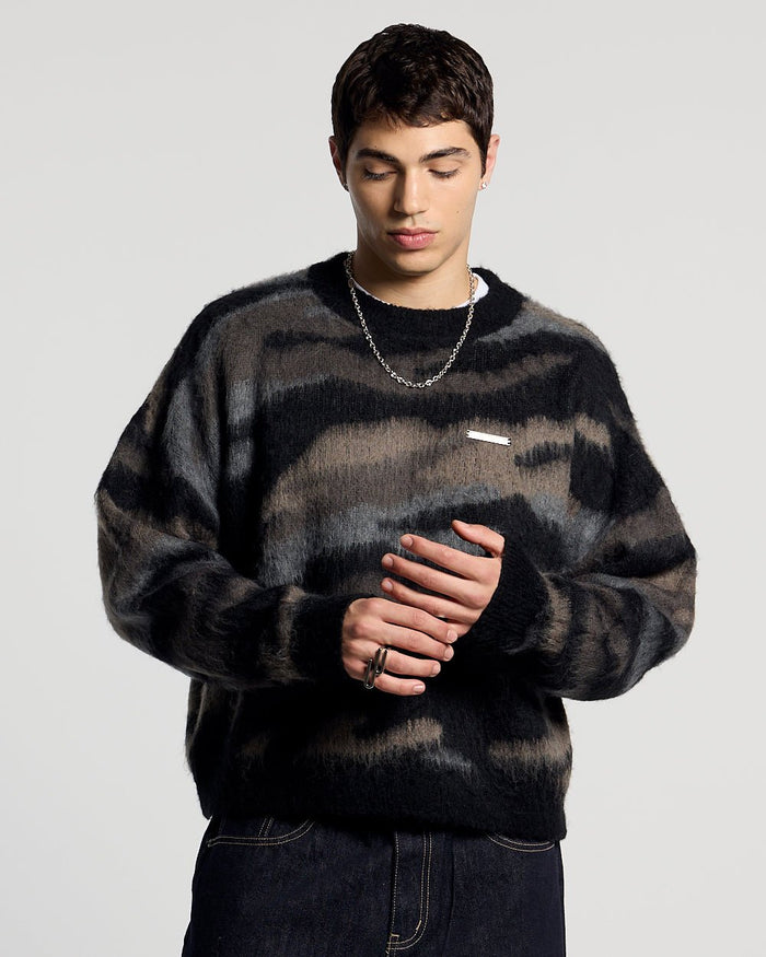 CAMO KNITWEAR DARK BROWN - dark brown camo knit sweater, front view on male model - Cold Culture #man