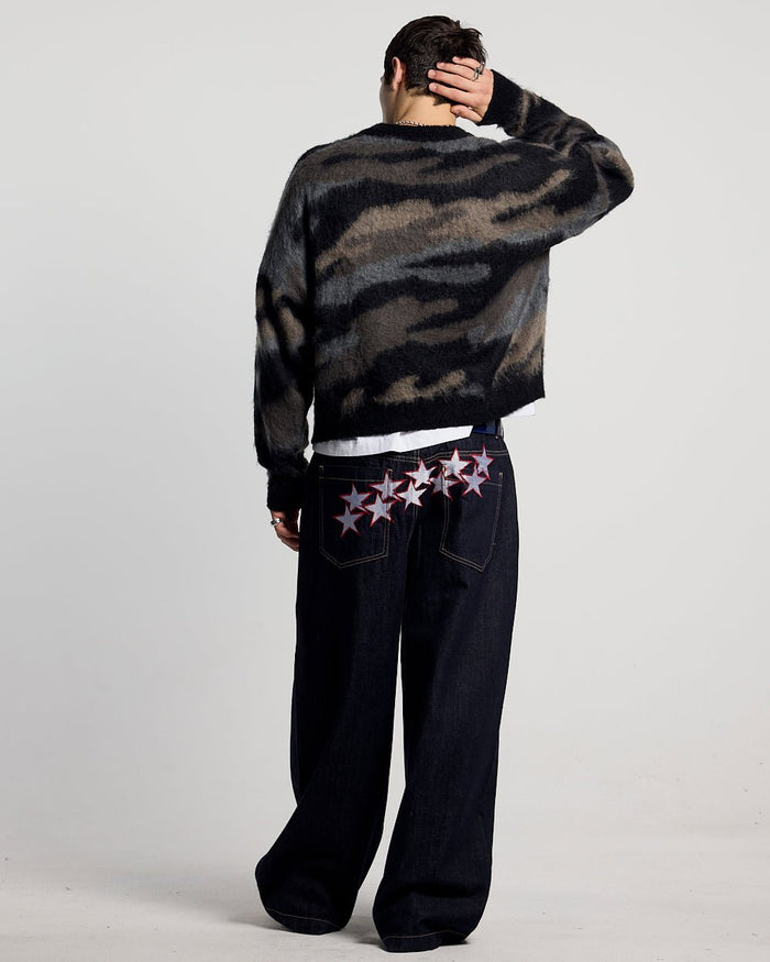 CAMO KNITWEAR DARK BROWN - dark brown camo knit sweater, back view on male model - Cold Culture #man
