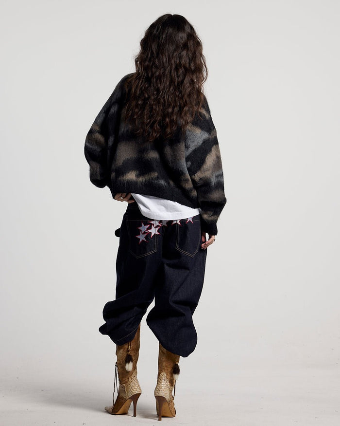 CAMO KNITWEAR DARK BROWN - dark brown camo knit sweater, back view on female model - Cold Culture #woman