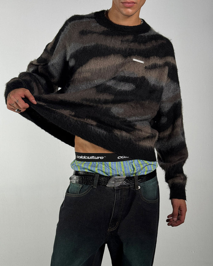 CAMO KNITWEAR DARK BROWN - dark brown camo knit sweater, worn detail - Cold Culture