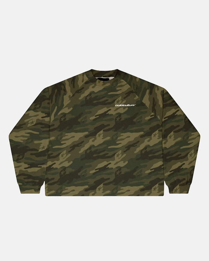 CAMO THERMAL LONGSLEEVE TEE GREEN - green camo longsleeve tee, front view - Cold Culture