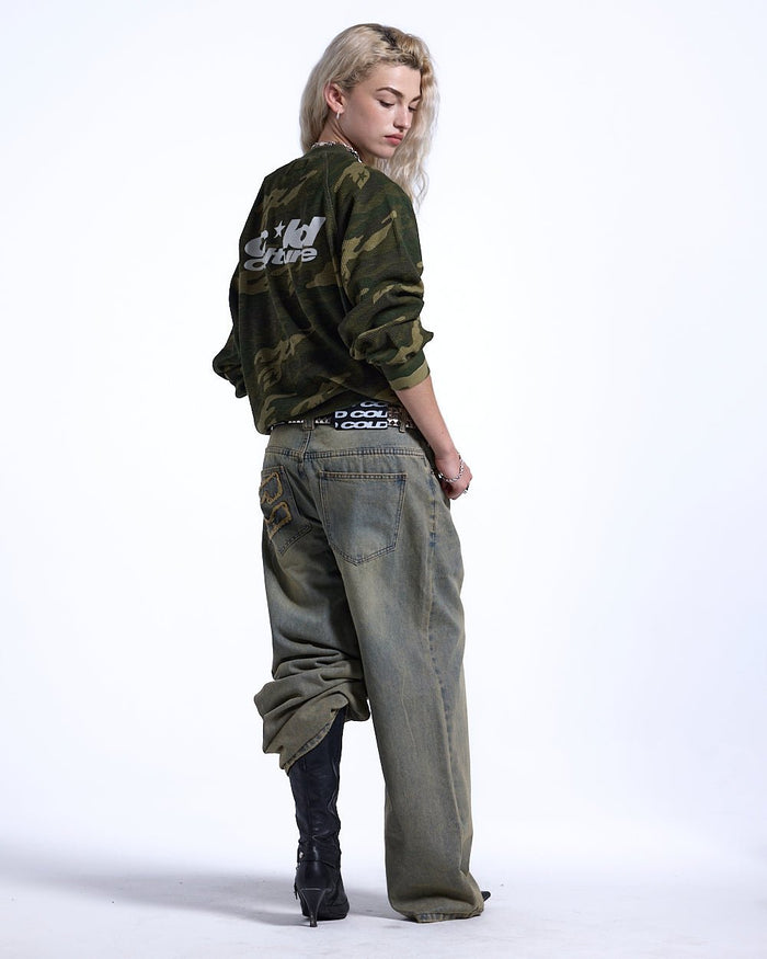 CAMO THERMAL LONGSLEEVE TEE GREEN - green camo longsleeve tee, back view on female model - Cold Culture #woman
