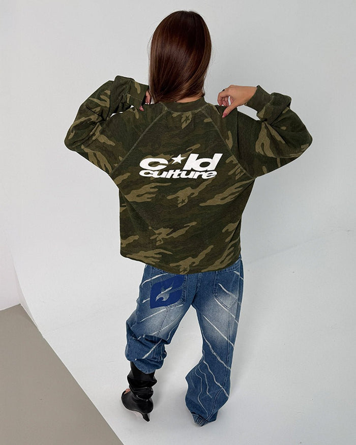 CAMO THERMAL LONGSLEEVE TEE GREEN - green camo longsleeve tee, back view on female model - Cold Culture