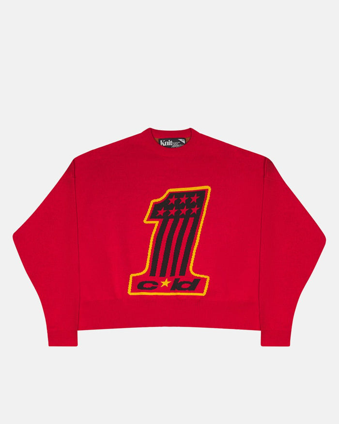CHAMPIONS CLUB KNIT VIVID RED - red graphic knit sweater, front view - Cold Culture