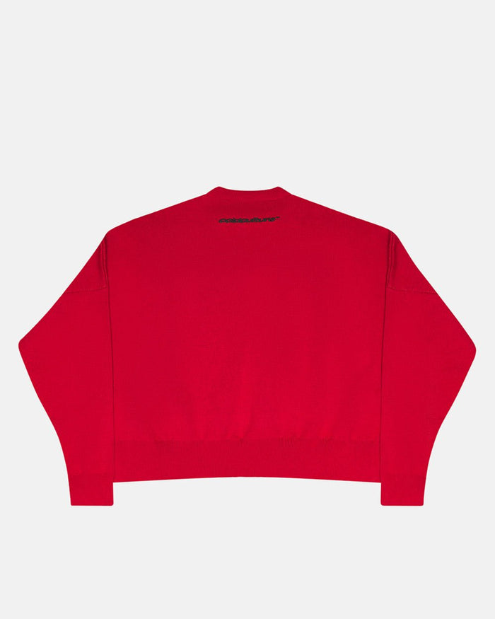 CHAMPIONS CLUB KNIT VIVID RED - red graphic knit sweater, back view - Cold Culture