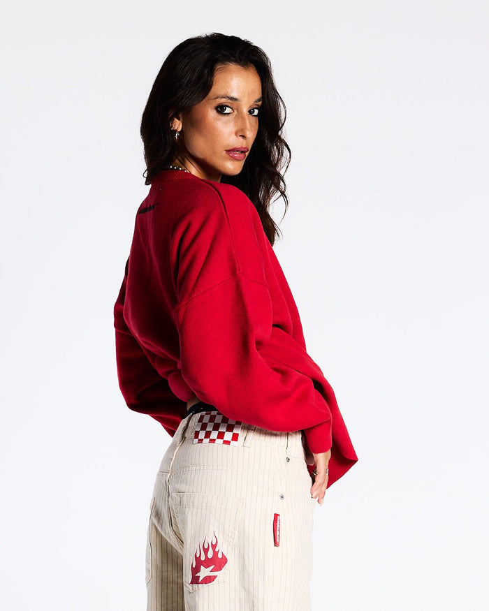 CHAMPIONS CLUB KNIT VIVID RED - red graphic knit sweater, back view on female model - Cold Culture #woman