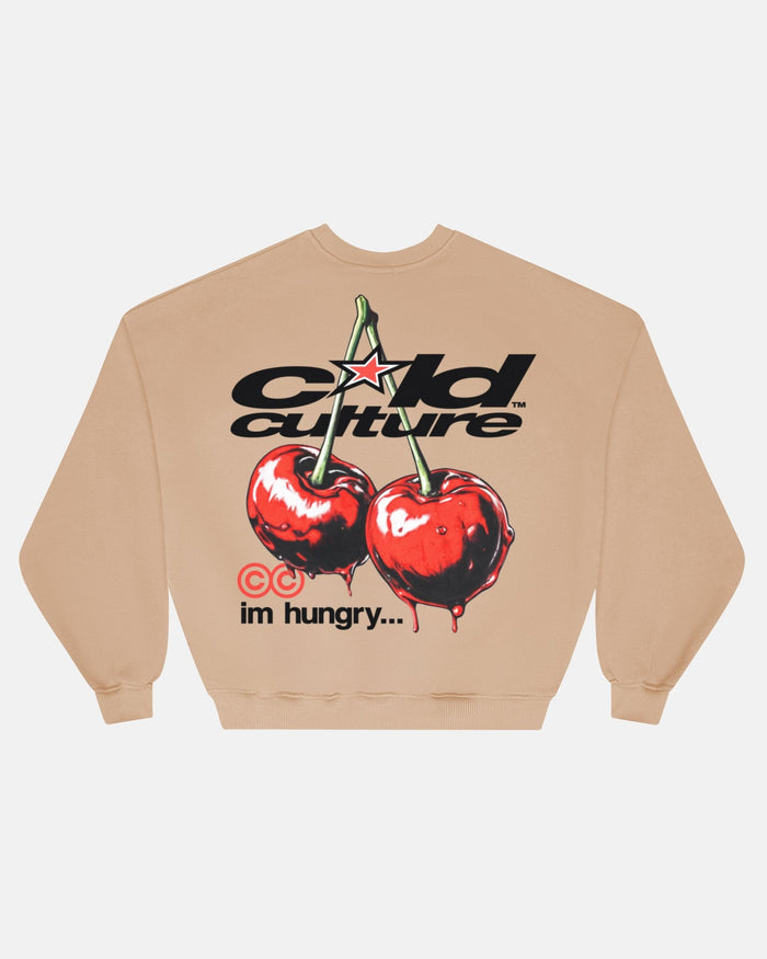 CHERRY CREWNECK BEIGE - beige cherry print crewneck sweatshirt, back view - Cold Culture