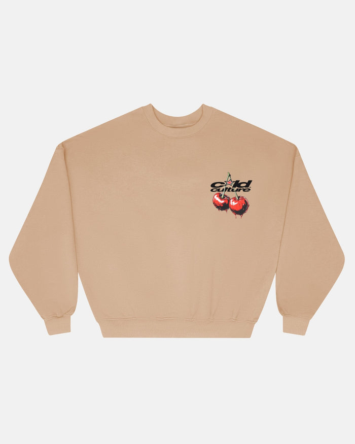 CHERRY CREWNECK BEIGE - beige cherry print crewneck sweatshirt, front view - Cold Culture
