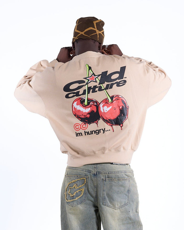 CHERRY CREWNECK BEIGE - beige cherry print crewneck sweatshirt, back view on male model - Cold Culture #man