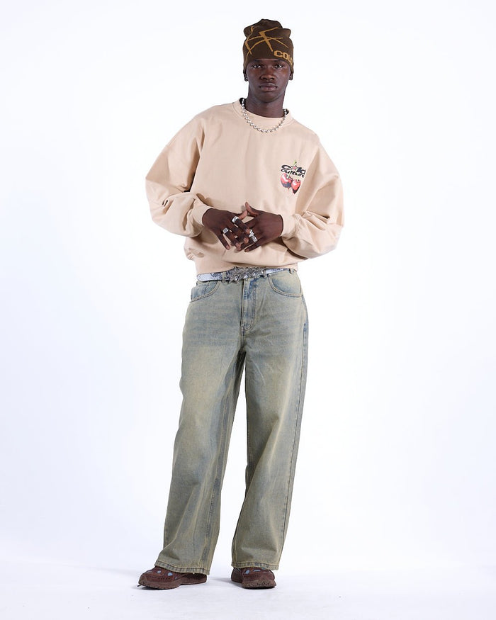 CHERRY CREWNECK BEIGE - beige cherry print crewneck sweatshirt, front view on male model - Cold Culture #man