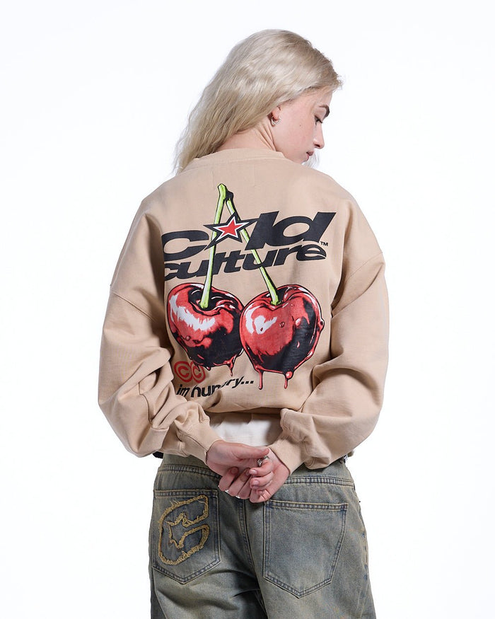 CHERRY CREWNECK BEIGE - beige cherry print crewneck sweatshirt, back view on female model - Cold Culture #woman