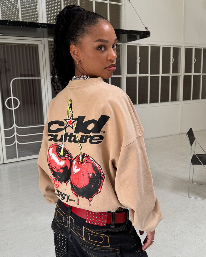 CHERRY CREWNECK BEIGE - beige cherry print crewneck sweatshirt, street style shot - Cold Culture