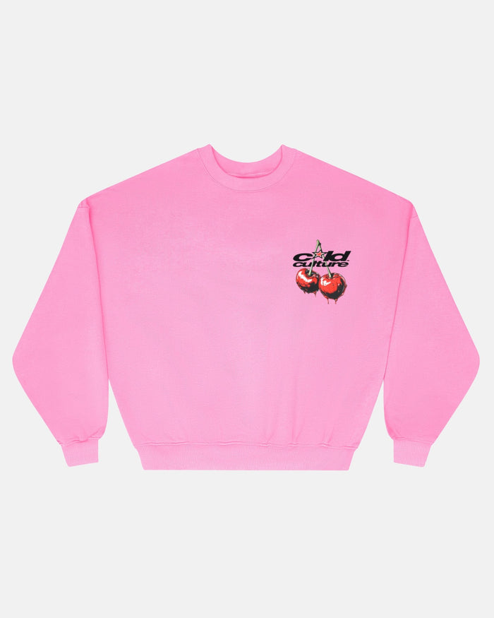 CHERRY CREWNECK PINK - pink cherry print crewneck sweatshirt, front view - Cold Culture