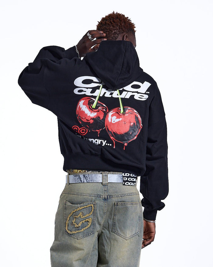 CHERRY HOODIE BLACK - black graphic print hoodie, back view on male model - Cold Culture #man