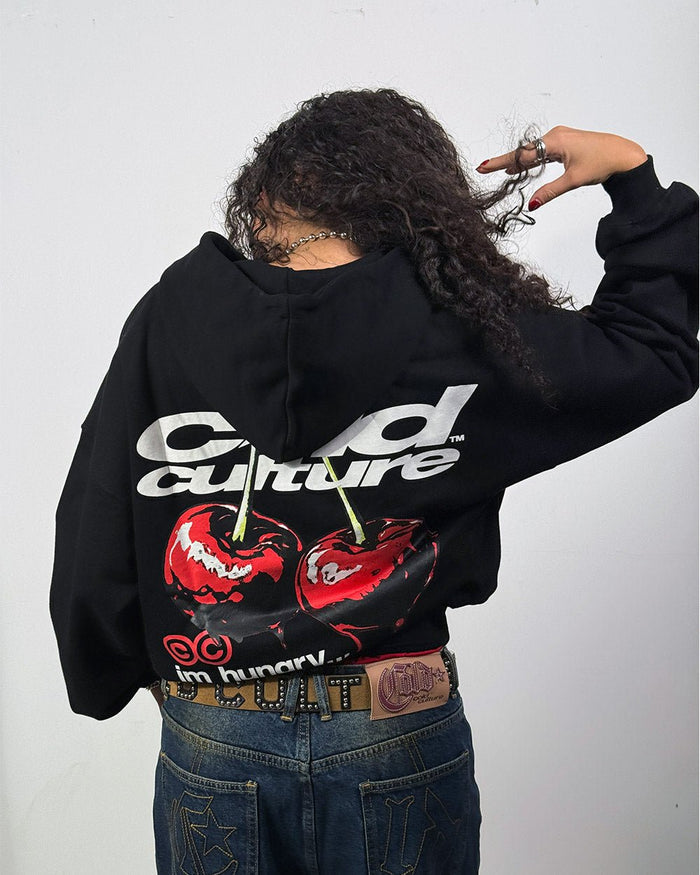 CHERRY HOODIE BLACK - black graphic print hoodie, back view on female model - Cold Culture