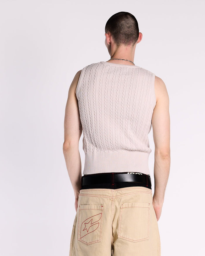 CLASSY KNIT TANK TOP - beige cable knit tank top, back view on male model - Cold Culture #man
