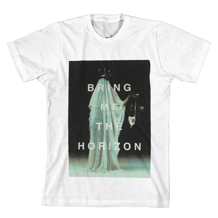 Bring Me The Horizon white t-shirt with a dark rectangular graphic of a veiled, crowned figure holding a severed head, overlaid with bold white BRING ME THE HORIZON text.