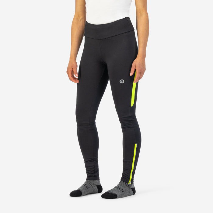Rogelli Core lange gevoerde hardloopbroek dames zwart en geel gedragen voorkant.