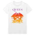 White t-shirt by Queen featuring their logo: the word QUEEN in purple above a red and orange crest with a phoenix, lions, and mythical symbols, inspired by the legendary bands iconic design.