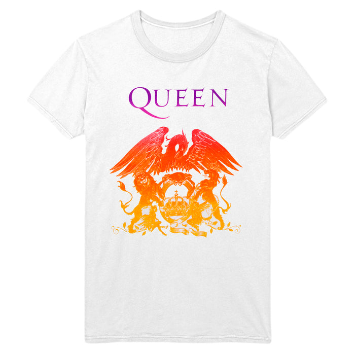 White t-shirt by Queen featuring their logo: the word QUEEN in purple above a red and orange crest with a phoenix, lions, and mythical symbols, inspired by the legendary bands iconic design.
