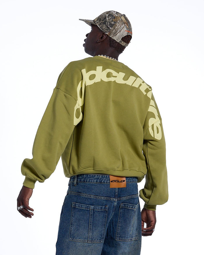 CURVED CREWNECK LIGHT GREEN - light green oversized crewneck sweatshirt, back view on male model - Cold Culture #man