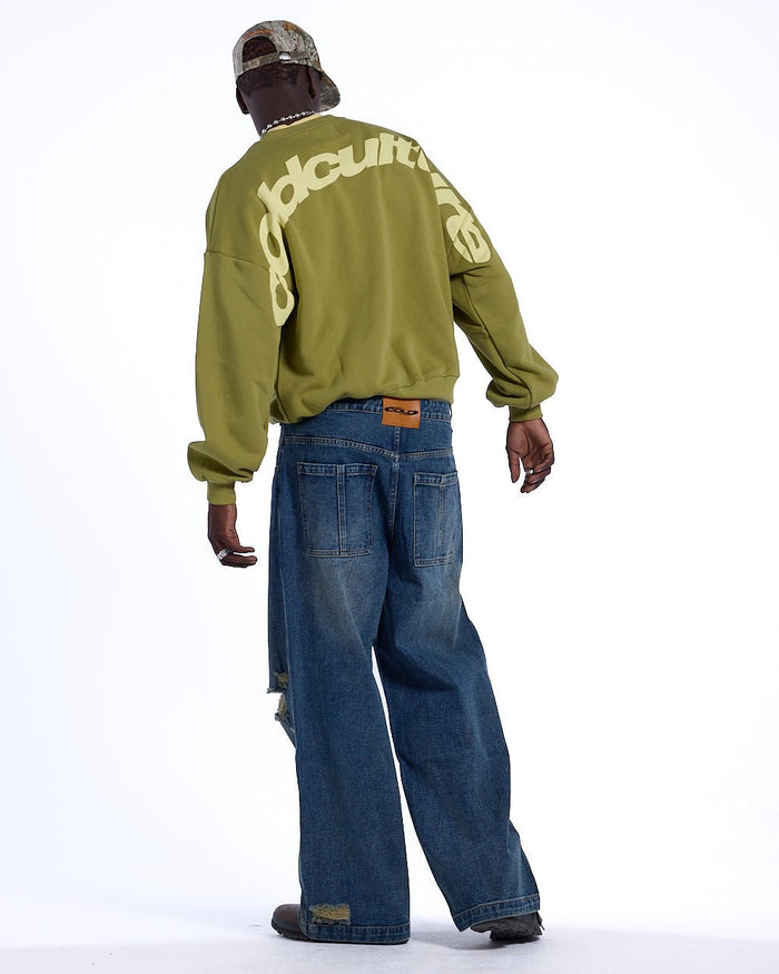 CURVED CREWNECK LIGHT GREEN - light green oversized crewneck sweatshirt, back view on male model - Cold Culture #man