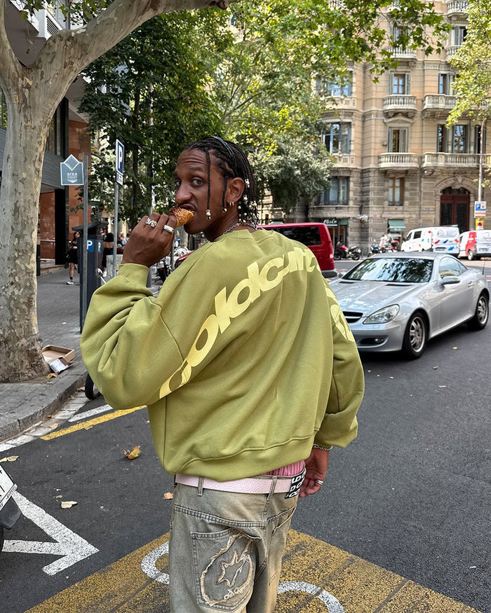 CURVED CREWNECK LIGHT GREEN - light green oversized crewneck sweatshirt, street style shot - Cold Culture