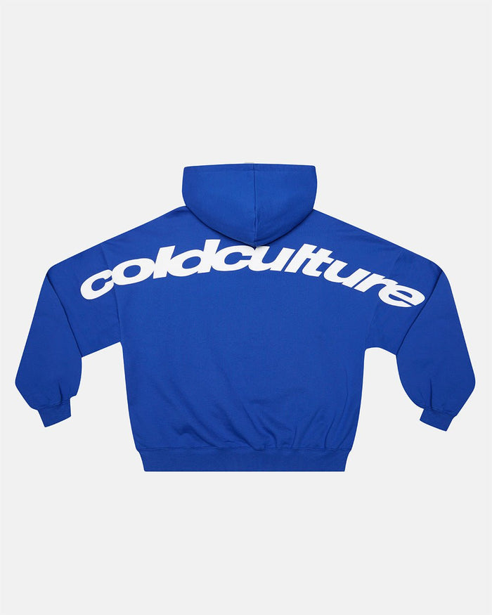 CURVED HOODIE BLUE - royal blue logo print hoodie, back view - Cold Culture