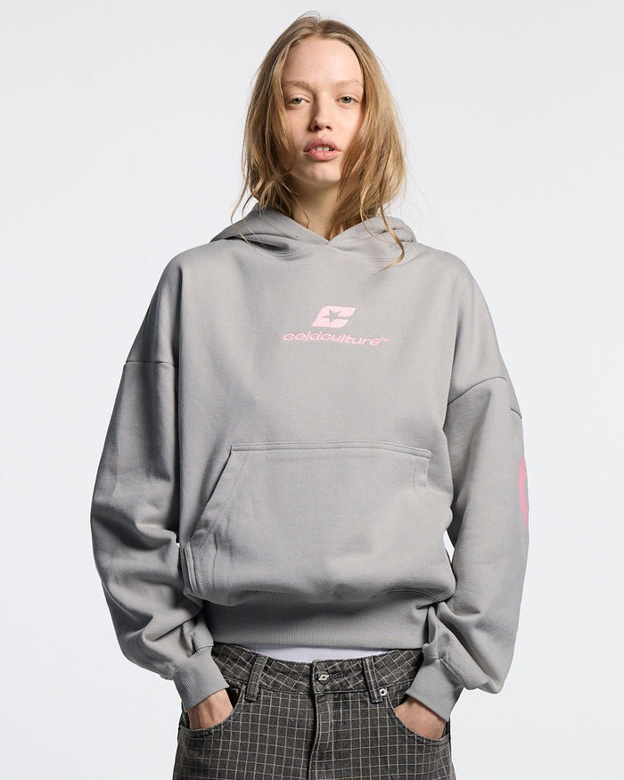 CURVED HOODIE GREY - grey logo print hoodie, front view on female model - Cold Culture #woman