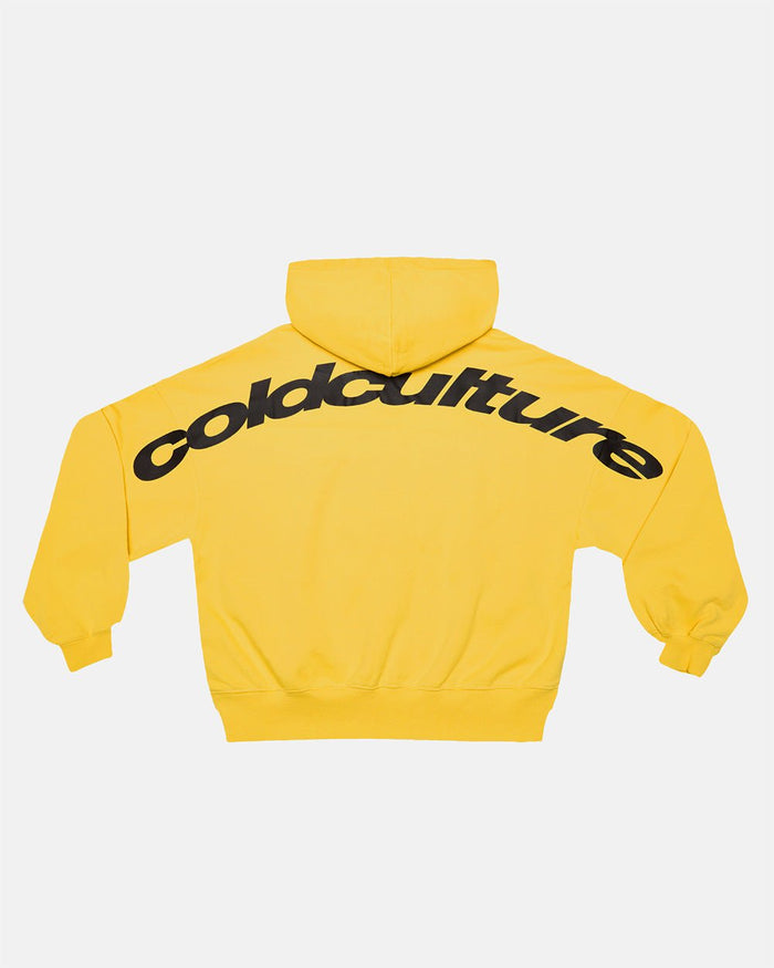 CURVED HOODIE YELLOW - yellow logo print hoodie, back view - Cold Culture