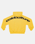 CURVED HOODIE YELLOW - yellow logo print hoodie, back view - Cold Culture