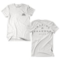 Imagine Dragons white t-shirt with a small black geometric design on the front left chest; the back has “IMAGINE DRAGONS EVOLVE” in large black letters and the same logo above.