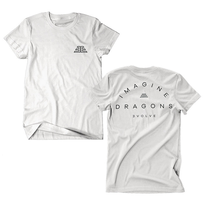 Imagine Dragons white t-shirt with a small black geometric design on the front left chest; the back has “IMAGINE DRAGONS EVOLVE” in large black letters and the same logo above.
