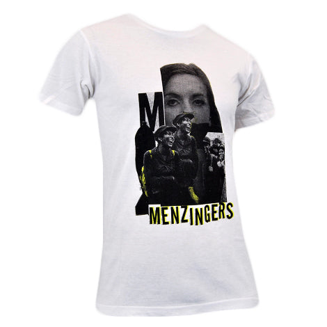 White T-shirt by The Menzingers with a collage of black-and-white photos, a large face graphic, and “MENZINGERS” in yellow and black letters at the bottom.