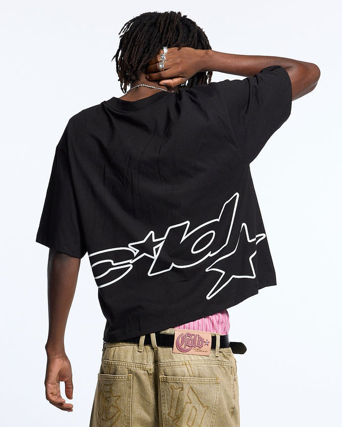 DEFENSE TEE BLACK - black oversized tee, back view on male model - Cold Culture #man