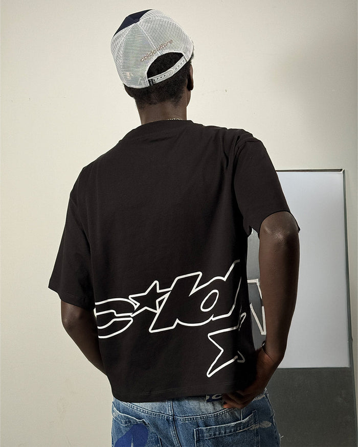 DEFENSE TEE BLACK - black oversized tee, back view on male model - Cold Culture