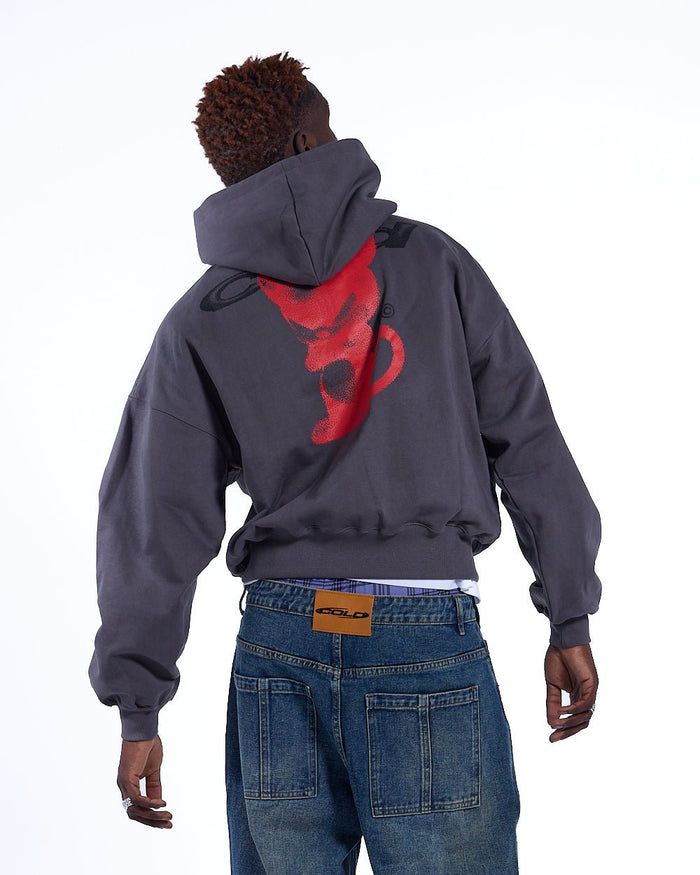 DEMON HOODIE GREY - grey graphic print hoodie, back view on male model - Cold Culture #man