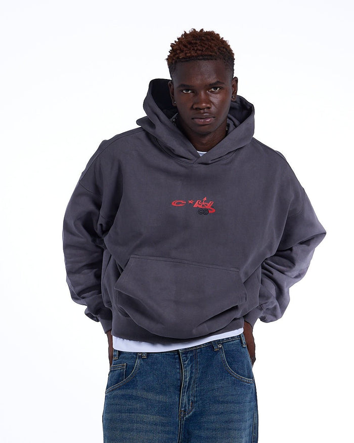 DEMON HOODIE GREY - grey graphic print hoodie, front view on male model - Cold Culture #man