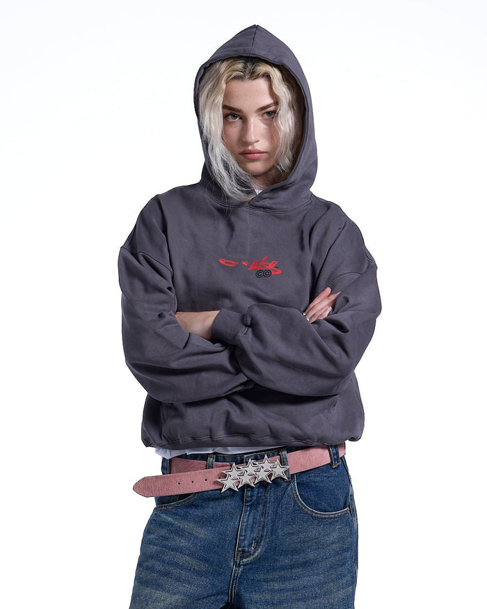 DEMON HOODIE GREY - grey graphic print hoodie, front view on female model - Cold Culture #woman