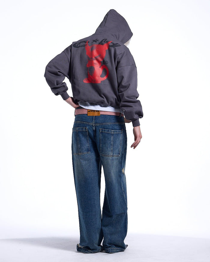 DEMON HOODIE GREY - grey graphic print hoodie, back view on female model - Cold Culture #woman