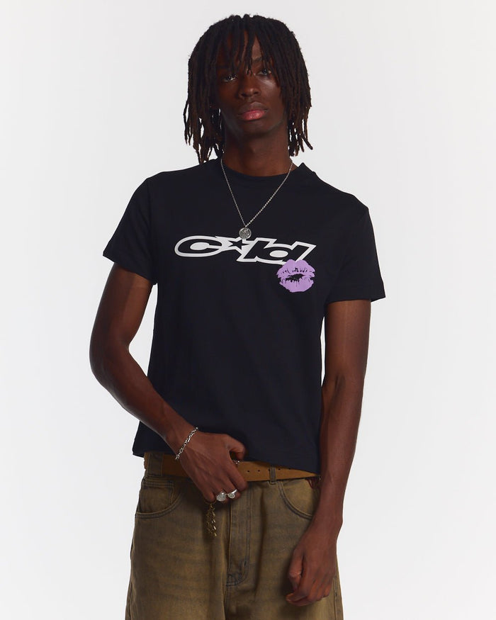 DESIRE TEE BLACK - black graphic print tee, front view on male model - Cold Culture #man