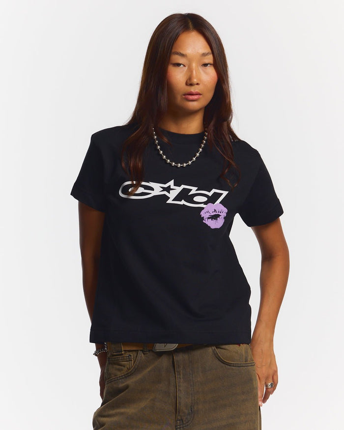 DESIRE TEE BLACK - black graphic print tee, front view on female model - Cold Culture #woman
