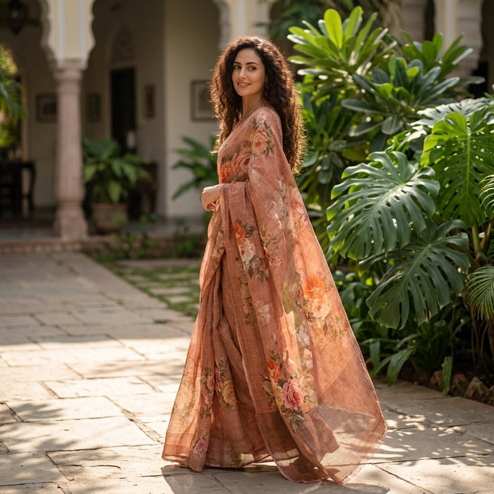 Digital Printed pure Linen saree