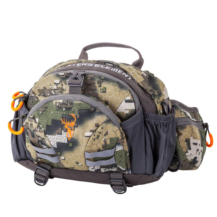 A camouflaged belt bag with multiple pockets and straps, featuring orange buckles and a logo on the front.