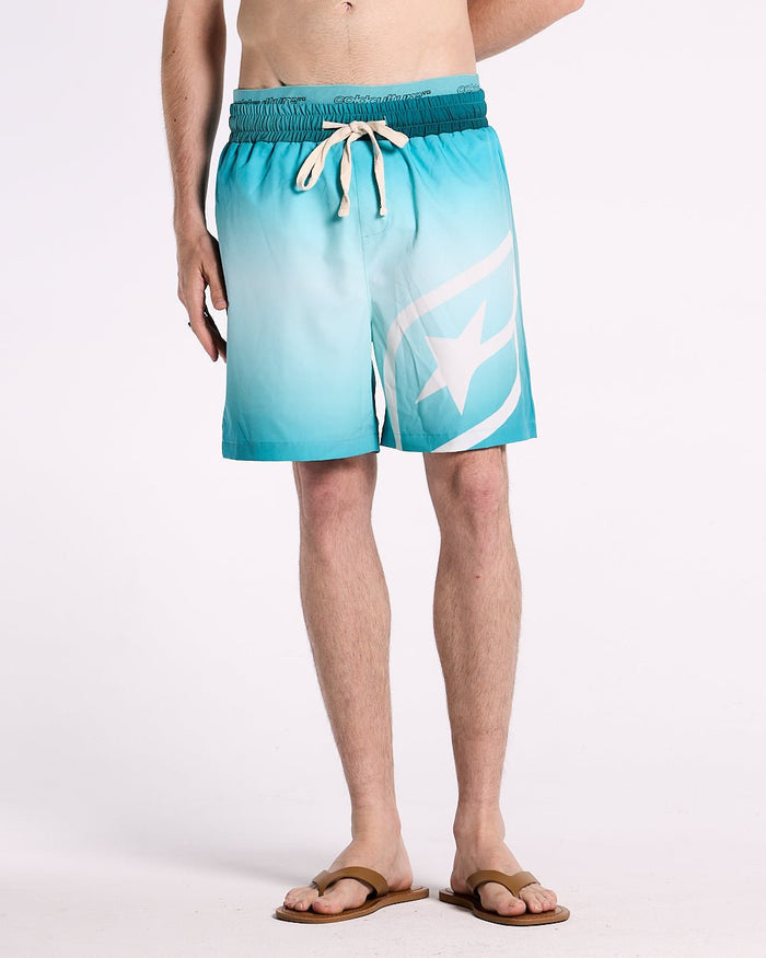DOUBLE WAIST SWIM SHORTS GRADIENT BLUE - blue gradient swim shorts, front view on male model - Cold Culture