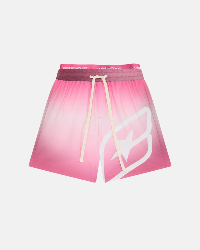 DOUBLE WAIST SWIM SHORTS GRADIENT PINK - pink gradient swim shorts, front view - Cold Culture