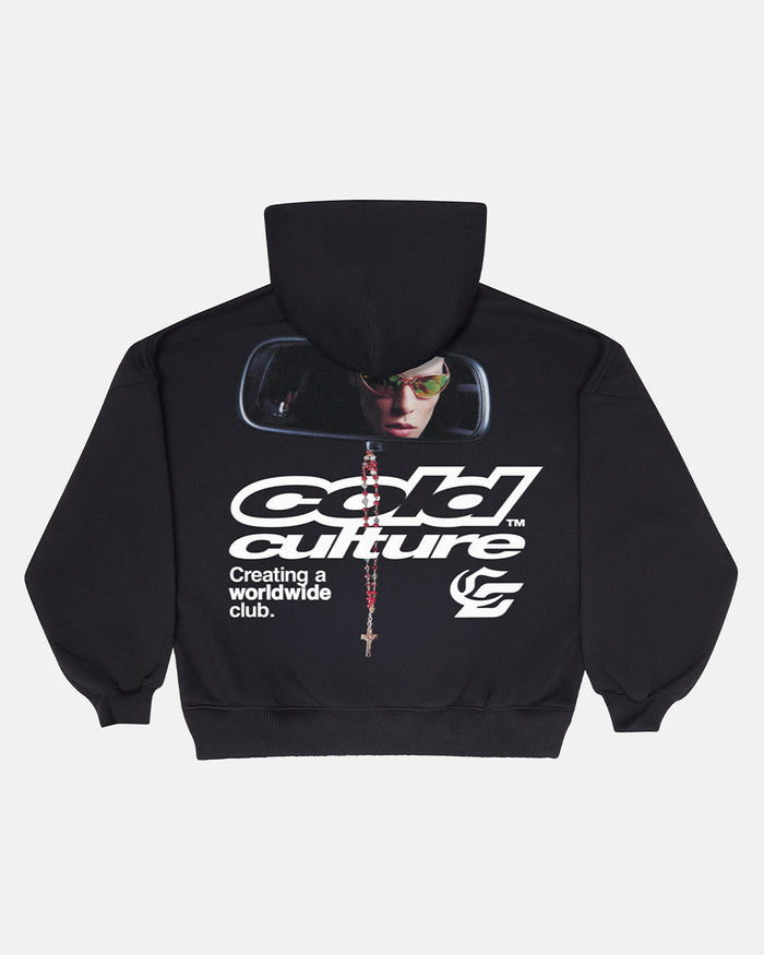 DRIVING MIRROR HOODIE BLACK - black graphic print hoodie, back view - Cold Culture