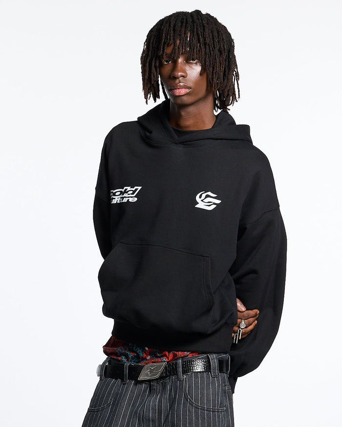 DRIVING MIRROR HOODIE BLACK - black graphic print hoodie, front view on male model - Cold Culture #man