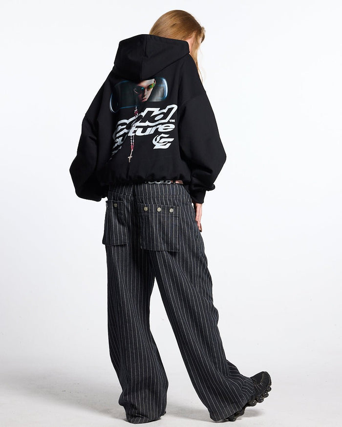DRIVING MIRROR HOODIE BLACK - black graphic print hoodie, back view on female model - Cold Culture #woman